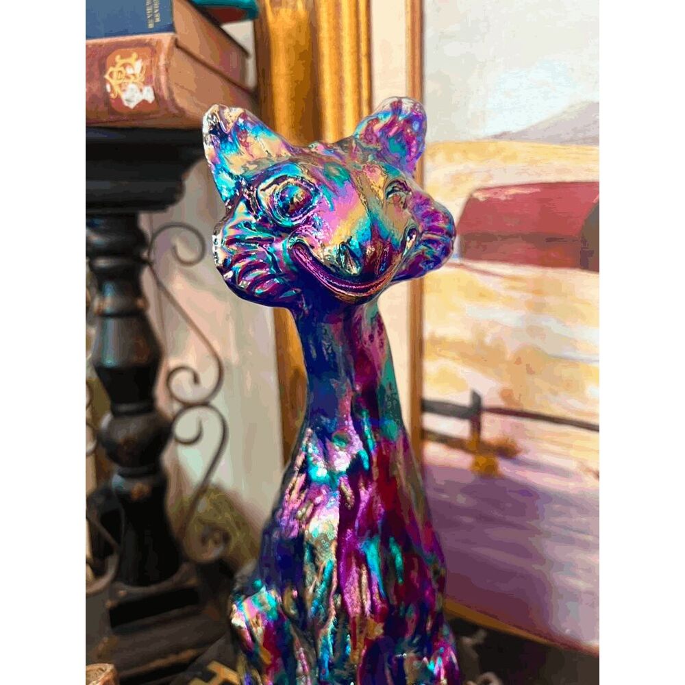 Fenton Iridescent Blue Carnival Glass Winking Alley Cat 11" Vintage Figurine - Picture 6 of 6